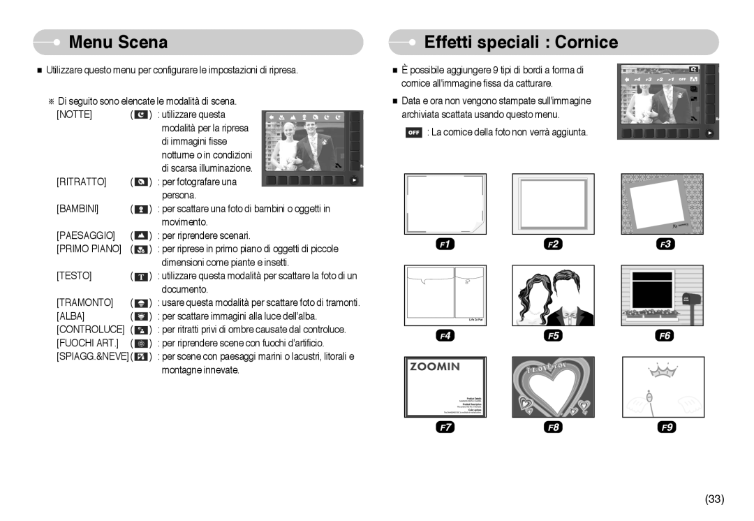 Samsung EC-NV10ZBBC/IT, EC-NV10ZBBL/E1, EC-NV10ZBBD/E1, EC-NV10ZBBC/E2, EC-NV10ZBBB/IT Menu Scena, Effetti speciali Cornice 