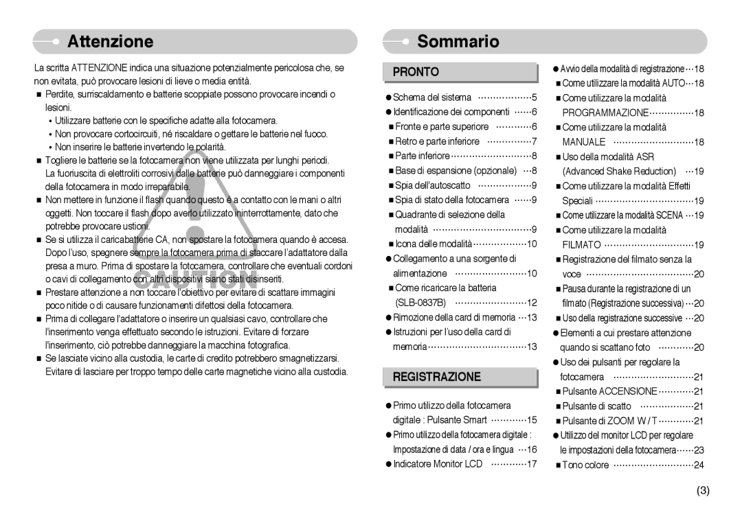 Samsung EC-NV10ZBBC/IT, EC-NV10ZBBL/E1, EC-NV10ZBBD/E1 manual Attenzione, Sommario, Programmazione, Manuale, Filmato 