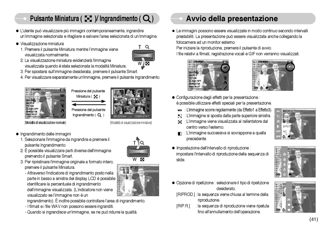 Samsung EC-NV10ZBBL/E1, EC-NV10ZBBD/E1, EC-NV10ZBBC/E2 manual Avvio della presentazione, Pulsante Miniatura / Ingrandimento 