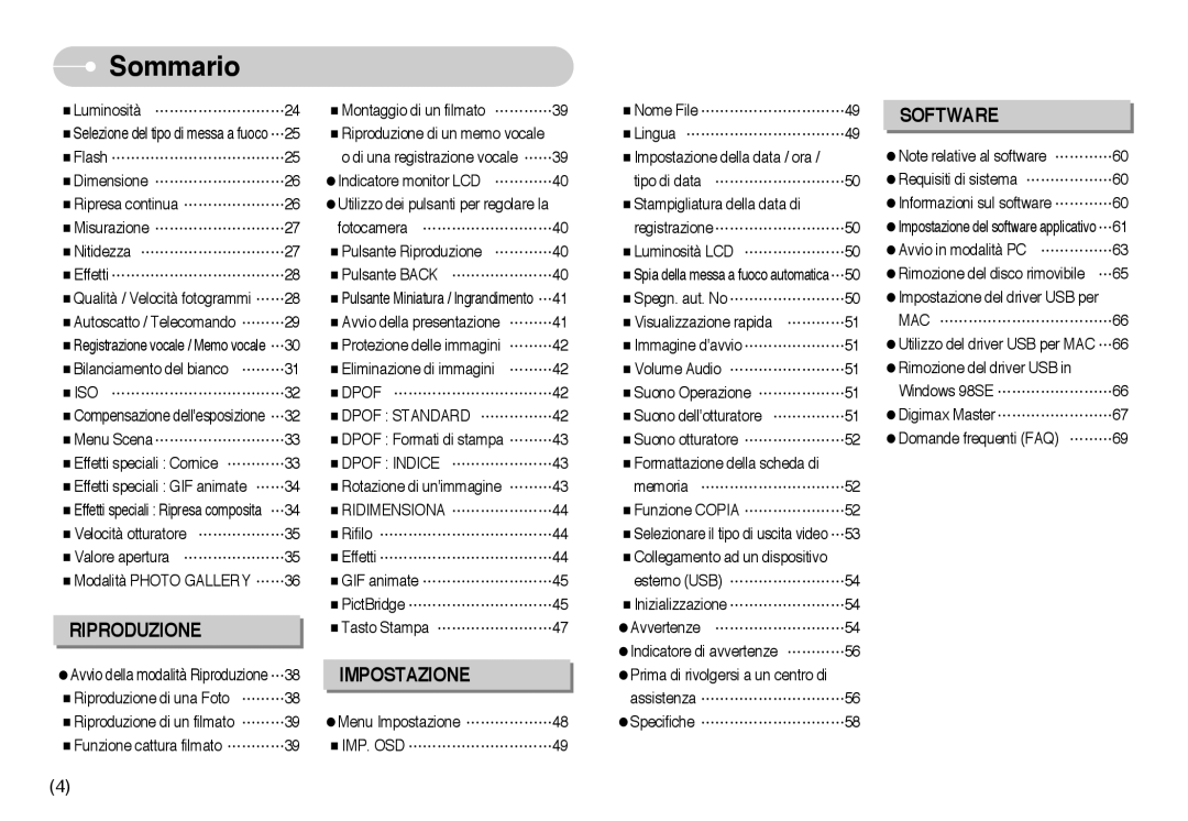 Samsung EC-NV10ZBBA/IT, EC-NV10ZBBL/E1, EC-NV10ZBBD/E1 Mac, ISO Dpof, Dpof Standard, Dpof Indice, Ridimensiona, Imp. Osd 