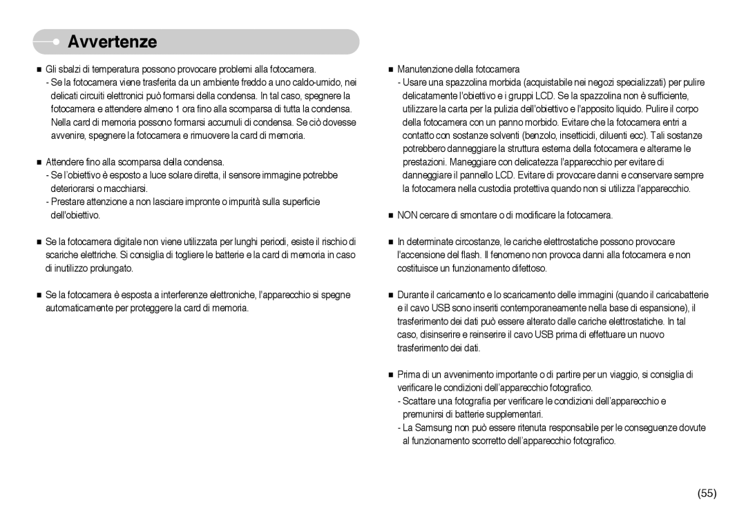 Samsung EC-NV10ZBBC/E2, EC-NV10ZBBL/E1, EC-NV10ZBBD/E1, EC-NV10ZBBB/IT, EC-NV10ZBBC/IT, EC-NV10ZBBA/IT manual Avvertenze 