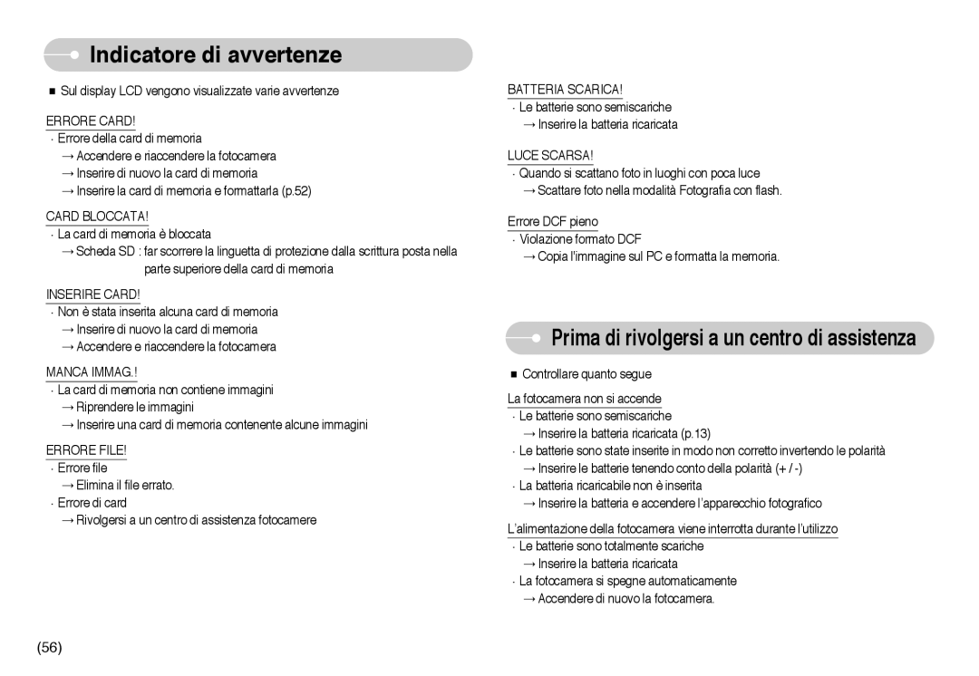 Samsung EC-NV10ZBBB/IT, EC-NV10ZBBL/E1, EC-NV10ZBBD/E1, EC-NV10ZBBC/E2, EC-NV10ZBBC/IT manual Indicatore di avvertenze 