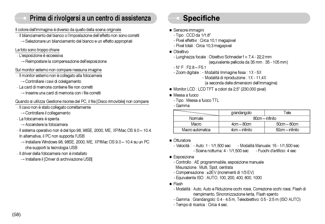 Samsung EC-NV10ZBBA/IT, EC-NV10ZBBL/E1, EC-NV10ZBBD/E1, EC-NV10ZBBC/E2, EC-NV10ZBBB/IT, EC-NV10ZBBC/IT manual Specifiche 