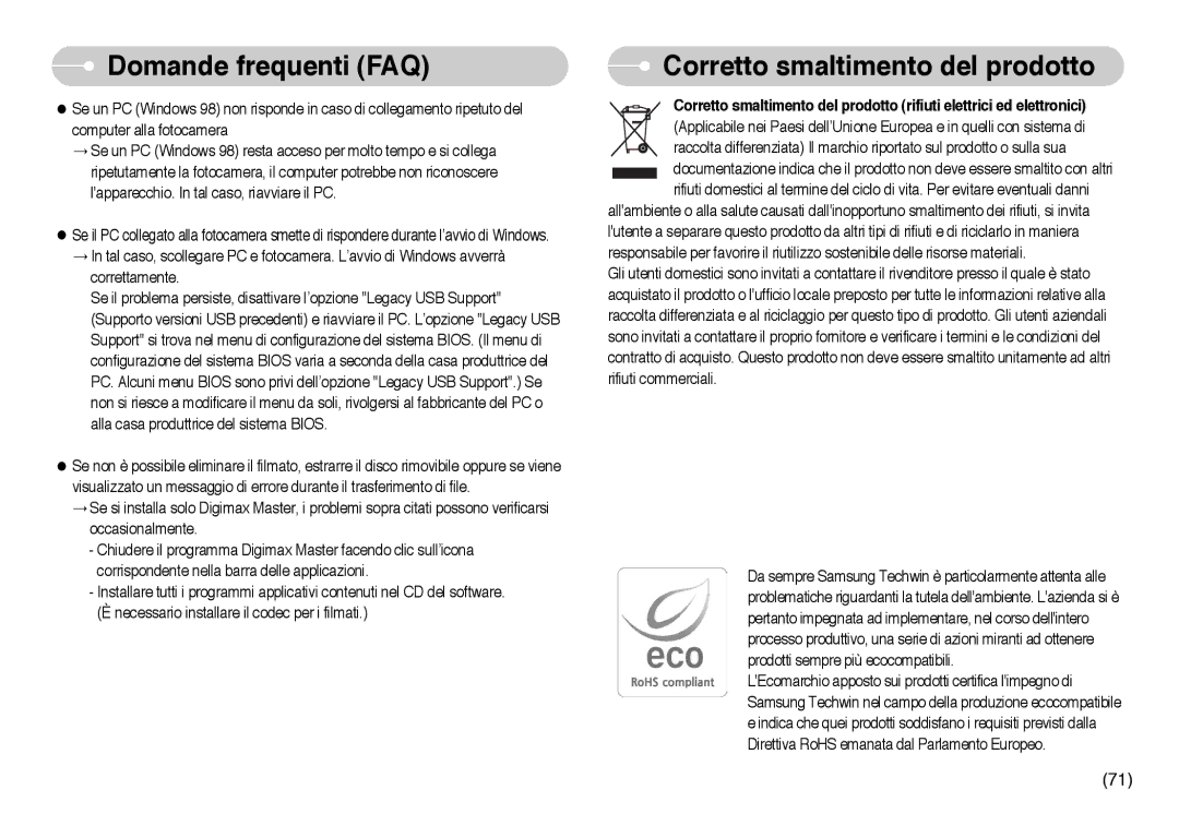 Samsung EC-NV10ZBBL/E1, EC-NV10ZBBD/E1, EC-NV10ZBBC/E2, EC-NV10ZBBB/IT, EC-NV10ZBBC/IT manual Corretto smaltimento del prodotto 