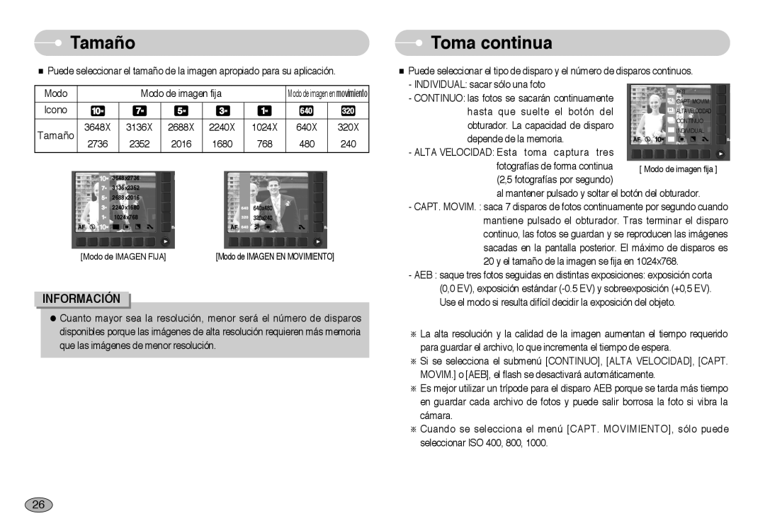 Samsung EC-NV10ZBBL/E1, EC-NV10ZBBD/E1, EC-NV10ZSBA/E1, EC-NV10ZBBP/E1, EC-NV10ZBBA/PT, EC-NV10ZBBB/E1 Tamaño, Toma continua 