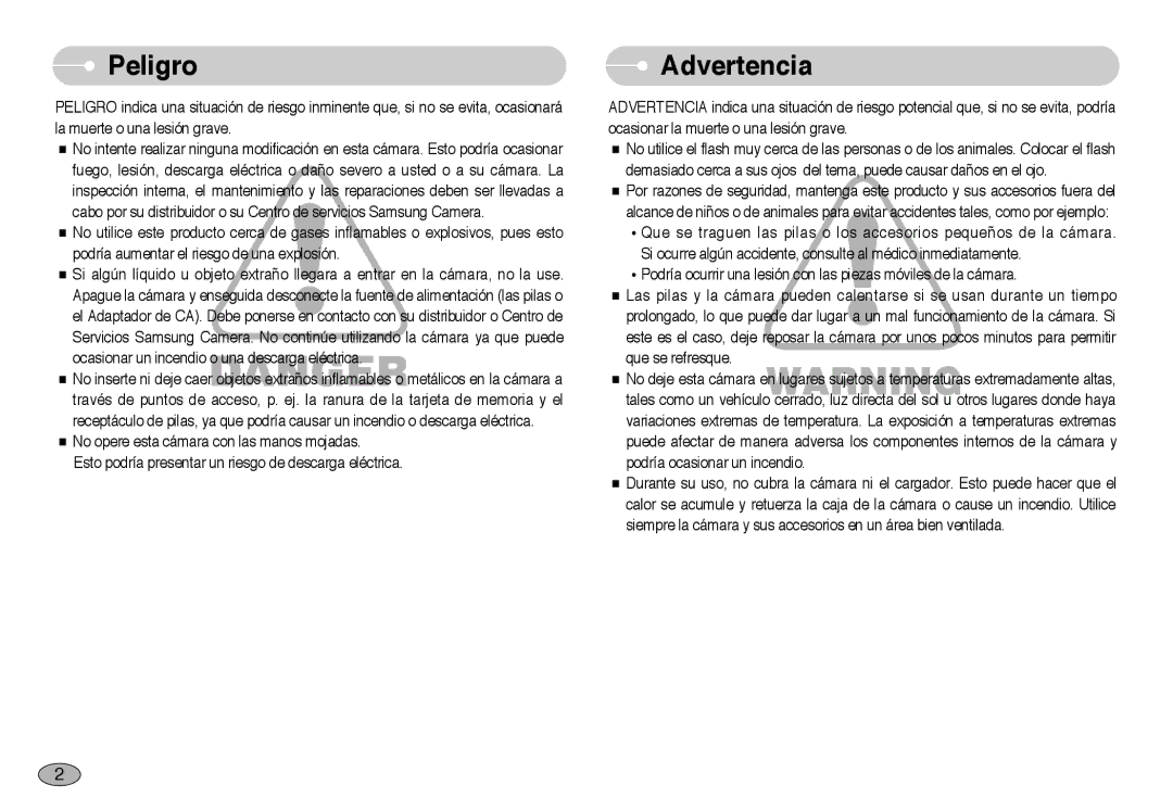 Samsung EC-NV10ZBBP/E1, EC-NV10ZBBL/E1, EC-NV10ZBBD/E1, EC-NV10ZSBA/E1, EC-NV10ZBBA/PT, EC-NV10ZBBB/E1 Peligro, Advertencia 