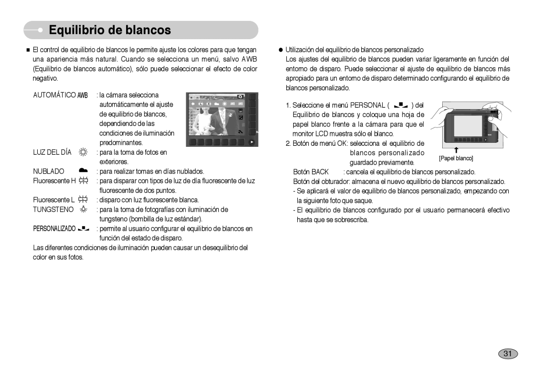 Samsung EC-NV10ZBBB/E1, EC-NV10ZBBL/E1, EC-NV10ZBBD/E1 manual Equilibrio de blancos, Luz Del Día, Nublado, Tungsteno 