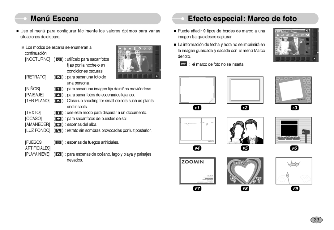 Samsung EC-NV10ZBBJ/E1, EC-NV10ZBBL/E1, EC-NV10ZBBD/E1, EC-NV10ZSBA/E1 manual Menú Escena, Efecto especial Marco de foto 