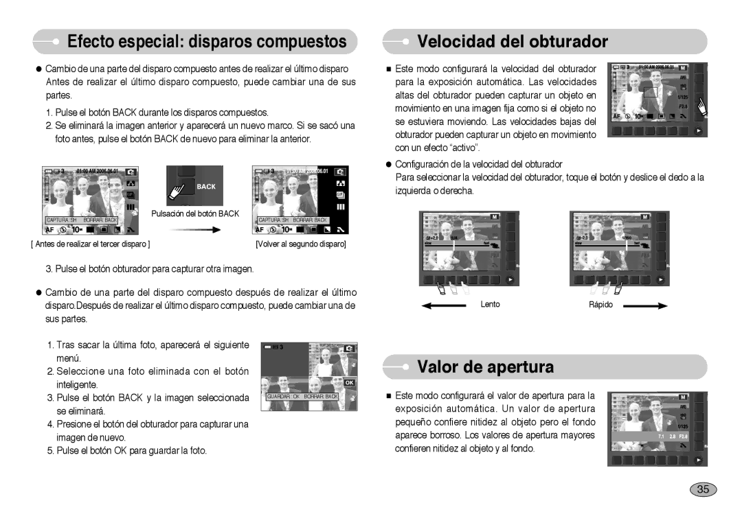 Samsung EC-NV10ZBBL/E1, EC-NV10ZBBD/E1, EC-NV10ZSBA/E1, EC-NV10ZBBP/E1 manual Velocidad del obturador, Valor de apertura 