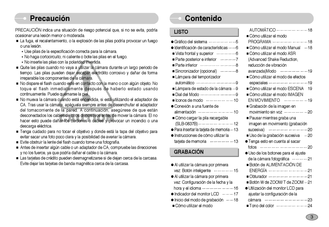 Samsung EC-NV10ZBBA/PT, EC-NV10ZBBL/E1, EC-NV10ZBBD/E1, EC-NV10ZSBA/E1, EC-NV10ZBBP/E1, EC-NV10ZBBB/E1 Precaución, Contenido 