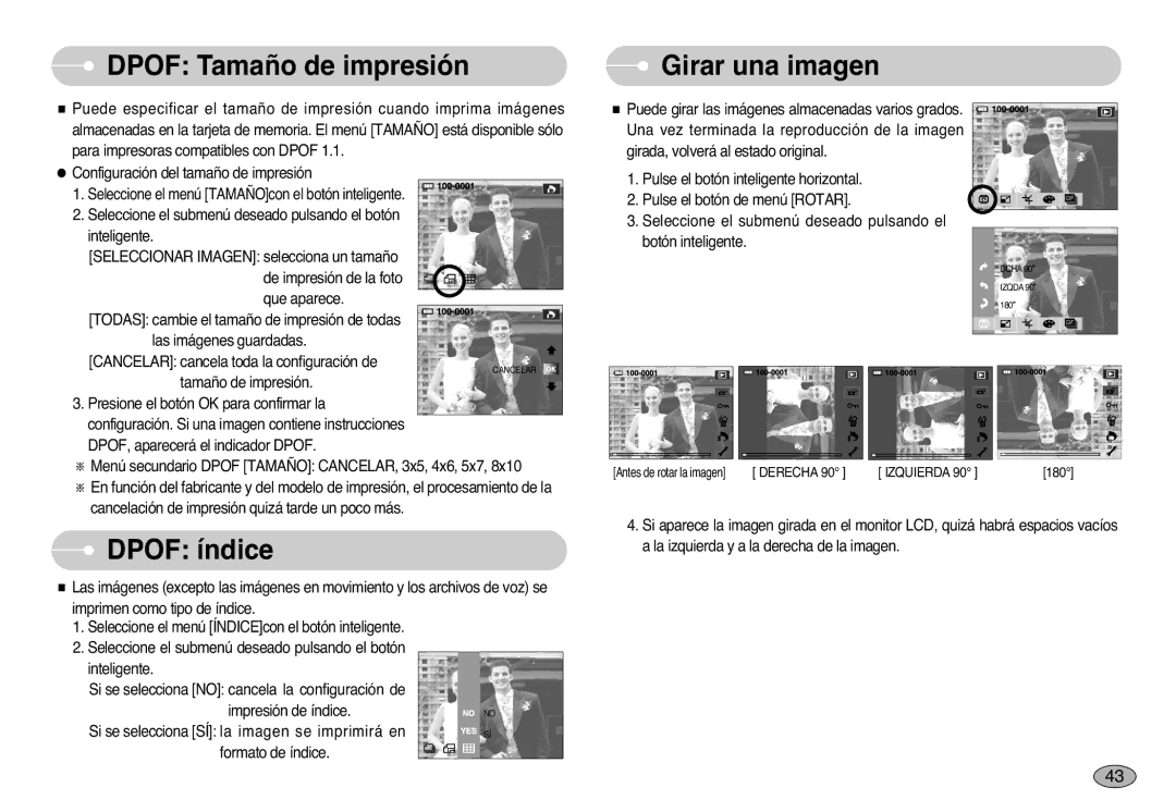 Samsung EC-NV10ZBBA/SP, EC-NV10ZBBL/E1, EC-NV10ZBBD/E1 manual Dpof Tamaño de impresión, Girar una imagen, Dpof índice 