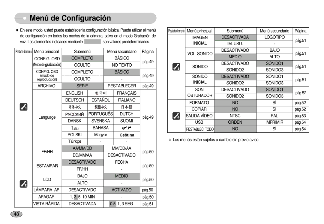 Samsung EC-NV10ZBBA/PT, EC-NV10ZBBL/E1, EC-NV10ZBBD/E1, EC-NV10ZSBA/E1, EC-NV10ZBBP/E1, EC-NV10ZBBB/E1 Menú de Configuración 