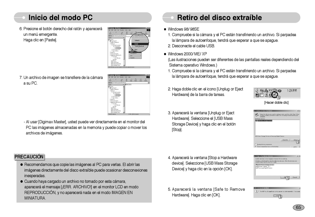 Samsung EC-NV10ZBBP/E1, EC-NV10ZBBL/E1, EC-NV10ZBBD/E1, EC-NV10ZSBA/E1, EC-NV10ZBBA/PT manual Retiro del disco extraíble 