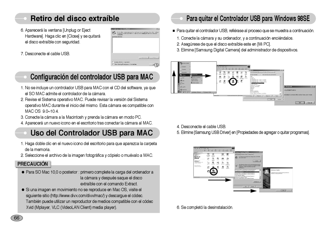 Samsung EC-NV10ZBBA/PT, EC-NV10ZBBL/E1 Uso del Controlador USB para MAC, Para quitar el Controlador USB para Windows 98SE 