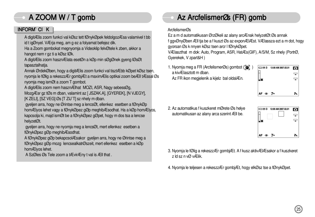 Samsung EC-NV11ZBDA/DE, EC-NV11ZBBA/FR, EC-NV11ZBBA/E1, EC-NV11ZBBC/E2, EC-NV11ZBBB/E2 manual Az Arcfelismerés FR gomb 