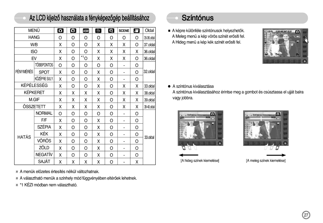 Samsung EC-NV11ZBBC/E2, EC-NV11ZBBA/FR, EC-NV11ZBDA/DE, EC-NV11ZBBA/E1, EC-NV11ZBBB/E2 manual Színtónus 