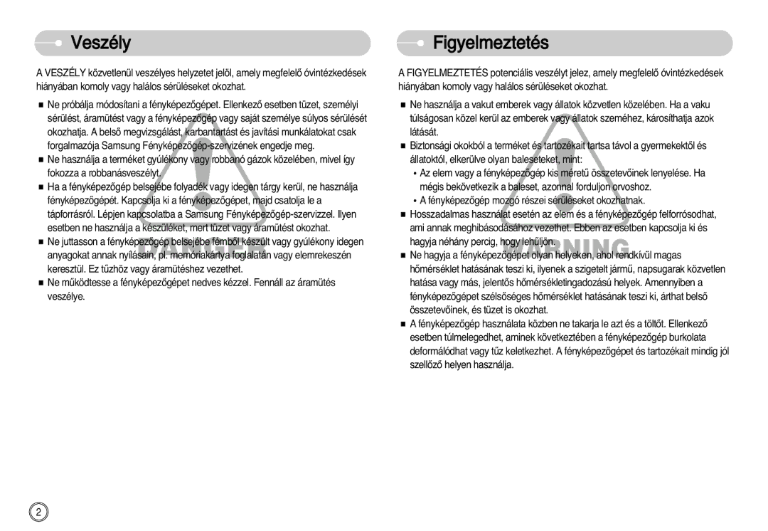 Samsung EC-NV11ZBBC/E2, EC-NV11ZBBA/FR, EC-NV11ZBDA/DE, EC-NV11ZBBA/E1, EC-NV11ZBBB/E2 manual Veszély Figyelmeztetés 