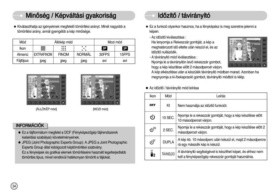 Samsung EC-NV11ZBBA/FR, EC-NV11ZBDA/DE, EC-NV11ZBBA/E1 manual MinŒség / Képváltási gyakoriság, IdŒzítŒ / távirányító, Finom 