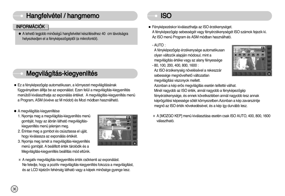 Samsung EC-NV11ZBBA/E1, EC-NV11ZBBA/FR, EC-NV11ZBDA/DE, EC-NV11ZBBC/E2, EC-NV11ZBBB/E2 manual Megvilágítás-kiegyenlítés, Iso 