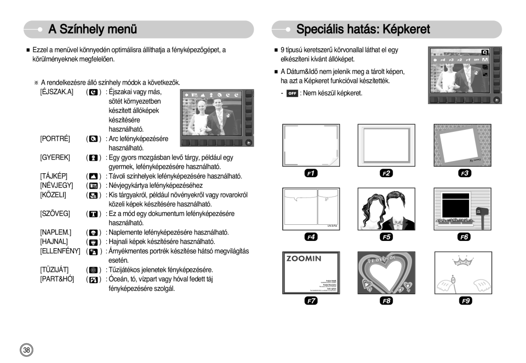 Samsung EC-NV11ZBBB/E2, EC-NV11ZBBA/FR manual Színhely menü, Speciális hatás Képkeret, Éjszak.A, Ellenfény, Tüziját 