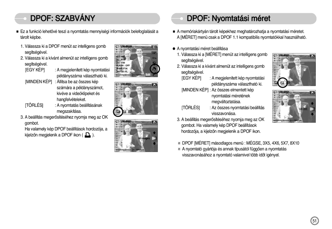 Samsung EC-NV11ZBBA/E1, EC-NV11ZBBA/FR, EC-NV11ZBDA/DE, EC-NV11ZBBC/E2 manual Dpof Nyomtatási méret, Minden KÉP, Törlés 