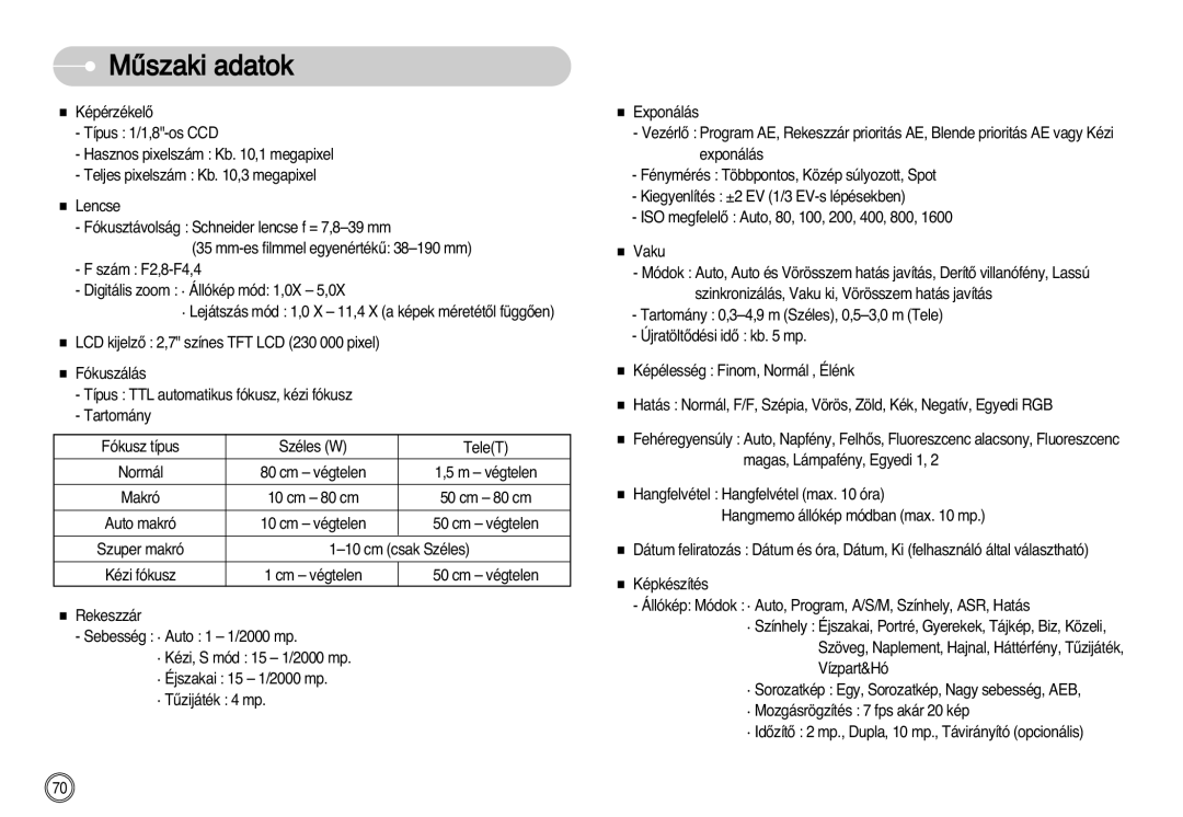 Samsung EC-NV11ZBDA/DE, EC-NV11ZBBA/FR, EC-NV11ZBBA/E1, EC-NV11ZBBC/E2, EC-NV11ZBBB/E2 manual Mıszaki adatok 