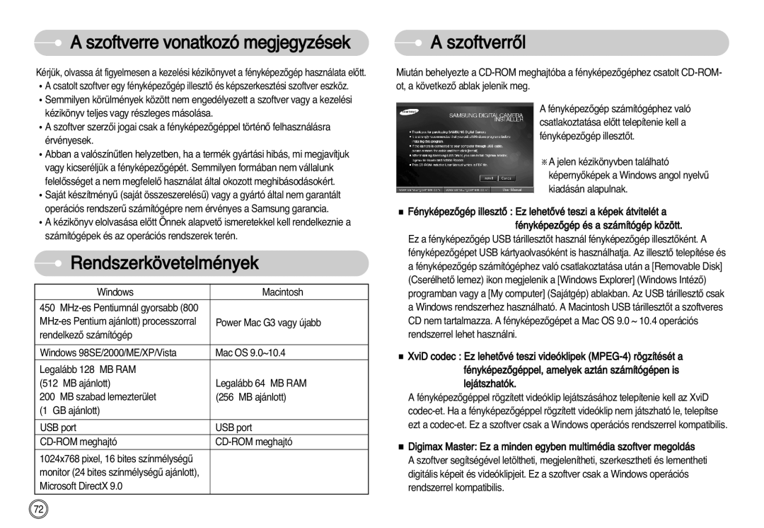 Samsung EC-NV11ZBBC/E2, EC-NV11ZBBA/FR manual Szoftverre vonatkozó megjegyzések, Rendszerkövetelmények, SzoftverrŒl 