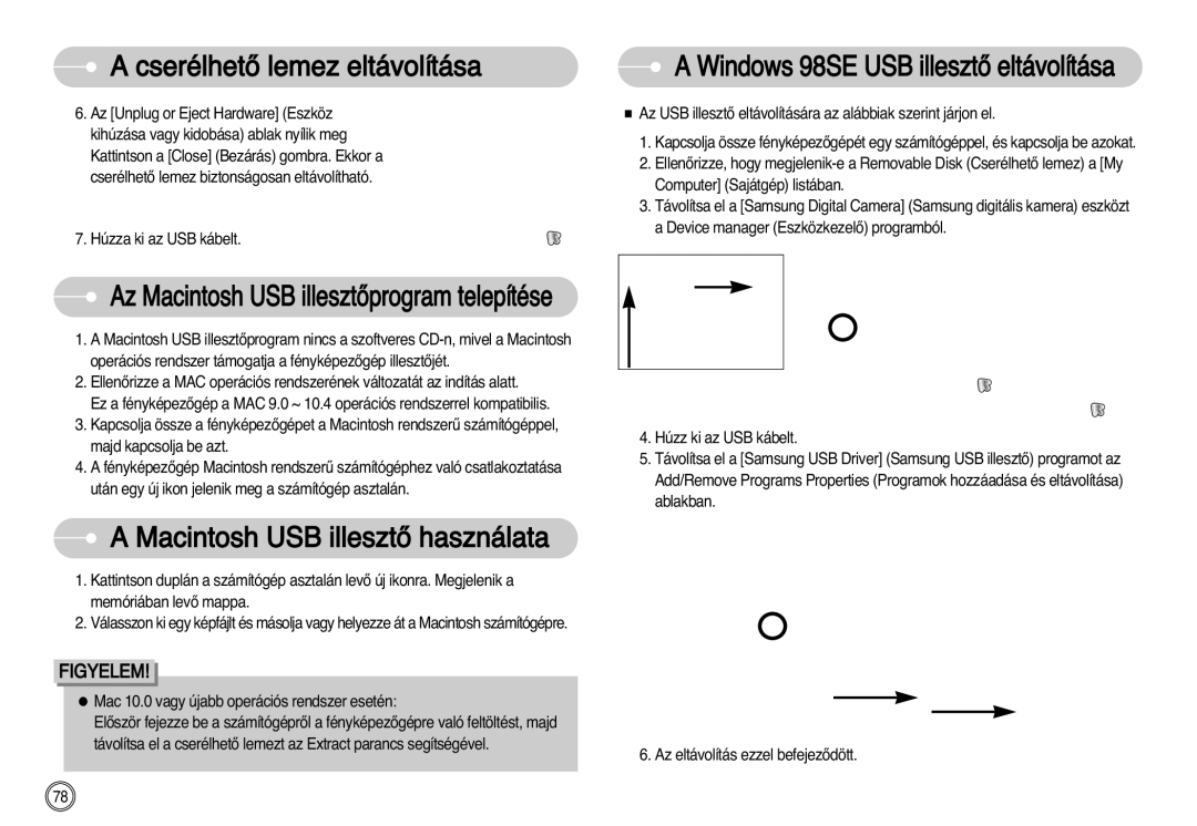 Samsung EC-NV11ZBBB/E2, EC-NV11ZBBA/FR manual Macintosh USB illesztŒ használata, Windows 98SE USB illesztŒ eltávolítása 