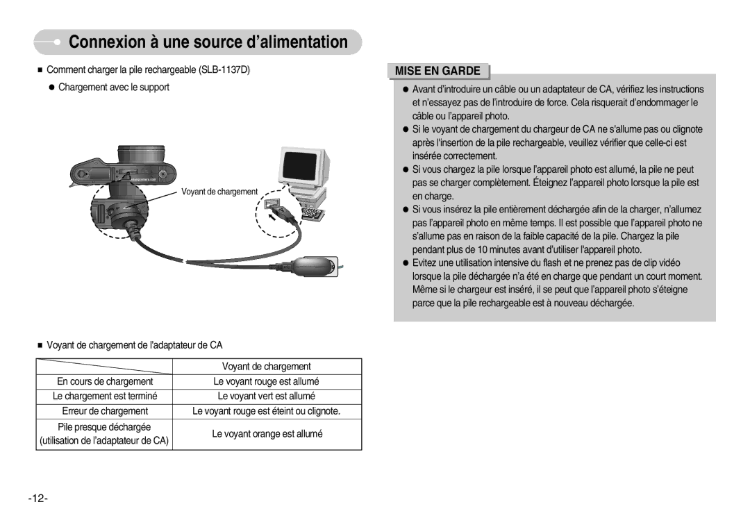 Samsung EC-NV11ZBDA/DE, EC-NV11ZBBA/FR, EC-NV11ZBDA/E3 manual Voyant de chargement 