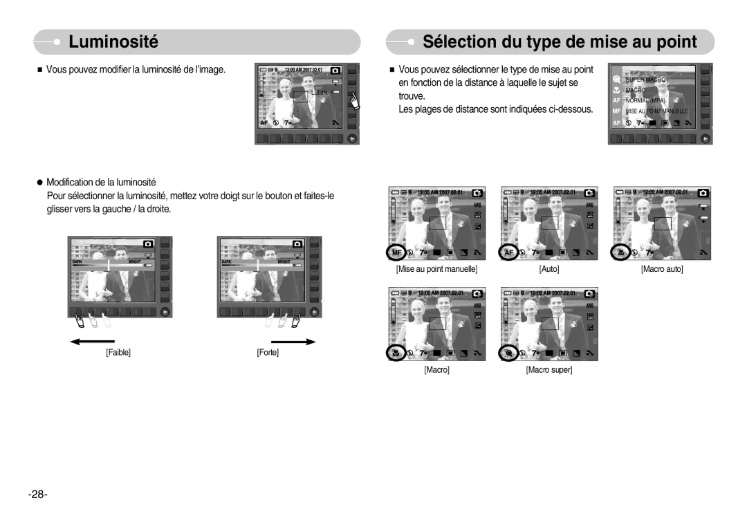 Samsung EC-NV11ZBDA/E3, EC-NV11ZBBA/FR, EC-NV11ZBDA/DE manual Luminosité Sélection du type de mise au point 