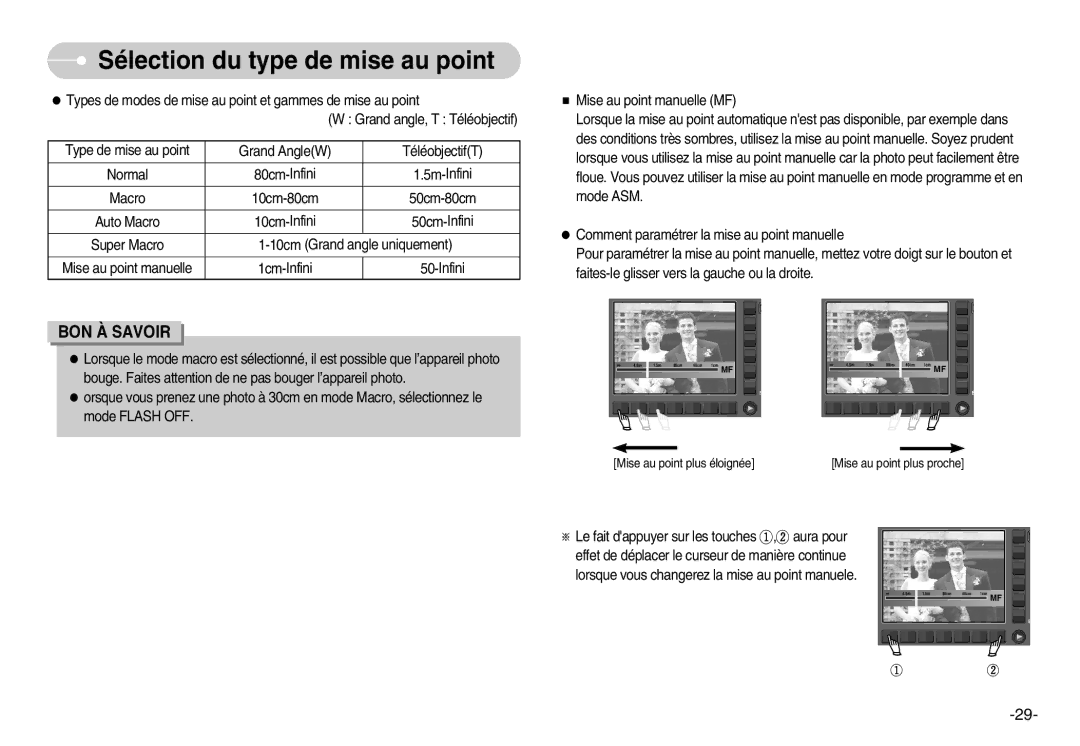 Samsung EC-NV11ZBBA/FR, EC-NV11ZBDA/DE, EC-NV11ZBDA/E3 manual Mise au point plus éloignéeMise au point plus proche 