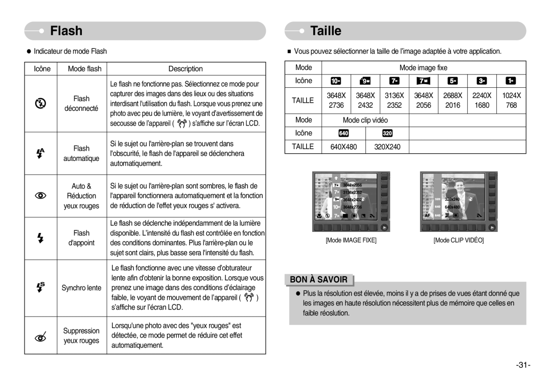 Samsung EC-NV11ZBDA/E3, EC-NV11ZBBA/FR, EC-NV11ZBDA/DE manual Taille, Icône Mode flash Description 
