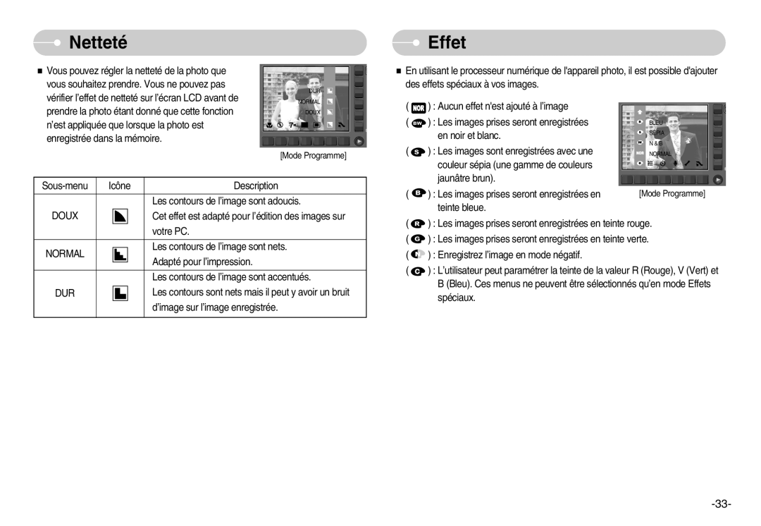 Samsung EC-NV11ZBDA/DE, EC-NV11ZBBA/FR, EC-NV11ZBDA/E3 manual Netteté, Effet, Doux, Dur 