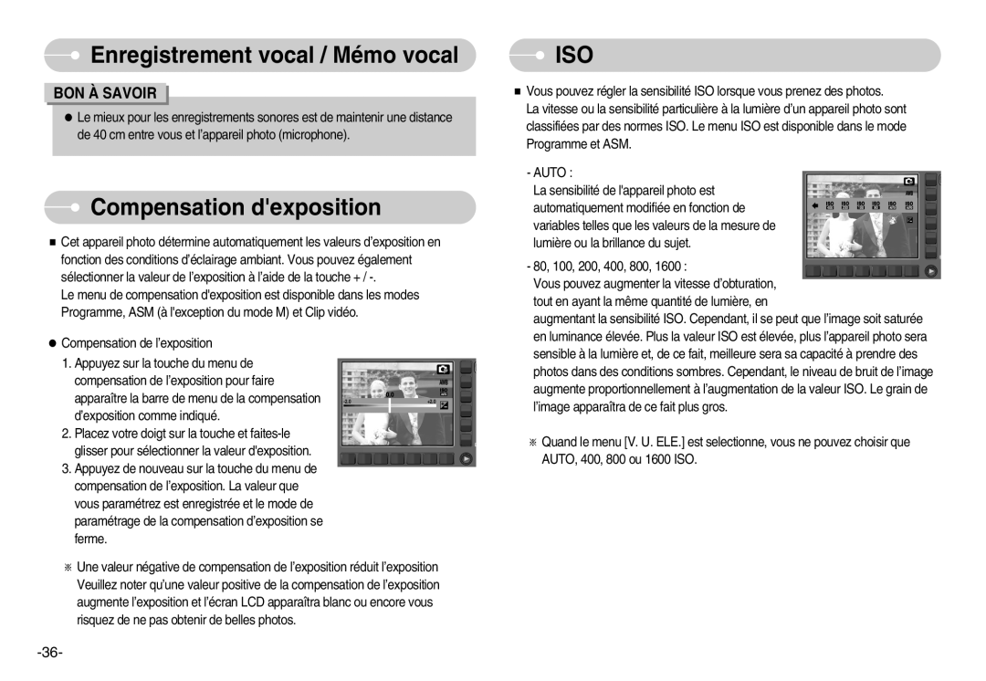 Samsung EC-NV11ZBDA/DE, EC-NV11ZBBA/FR, EC-NV11ZBDA/E3 manual Compensation dexposition, Iso 