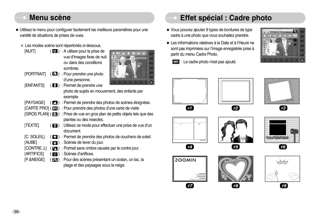 Samsung EC-NV11ZBBA/FR, EC-NV11ZBDA/DE, EC-NV11ZBDA/E3 manual Menu scène, Effet spécial Cadre photo 