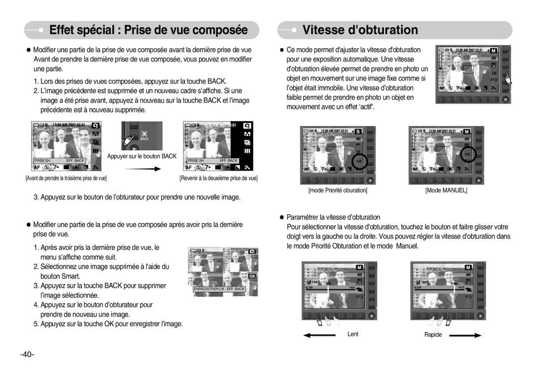 Samsung EC-NV11ZBDA/E3, EC-NV11ZBBA/FR, EC-NV11ZBDA/DE manual Vitesse dobturation, Appuyer sur le bouton Back 