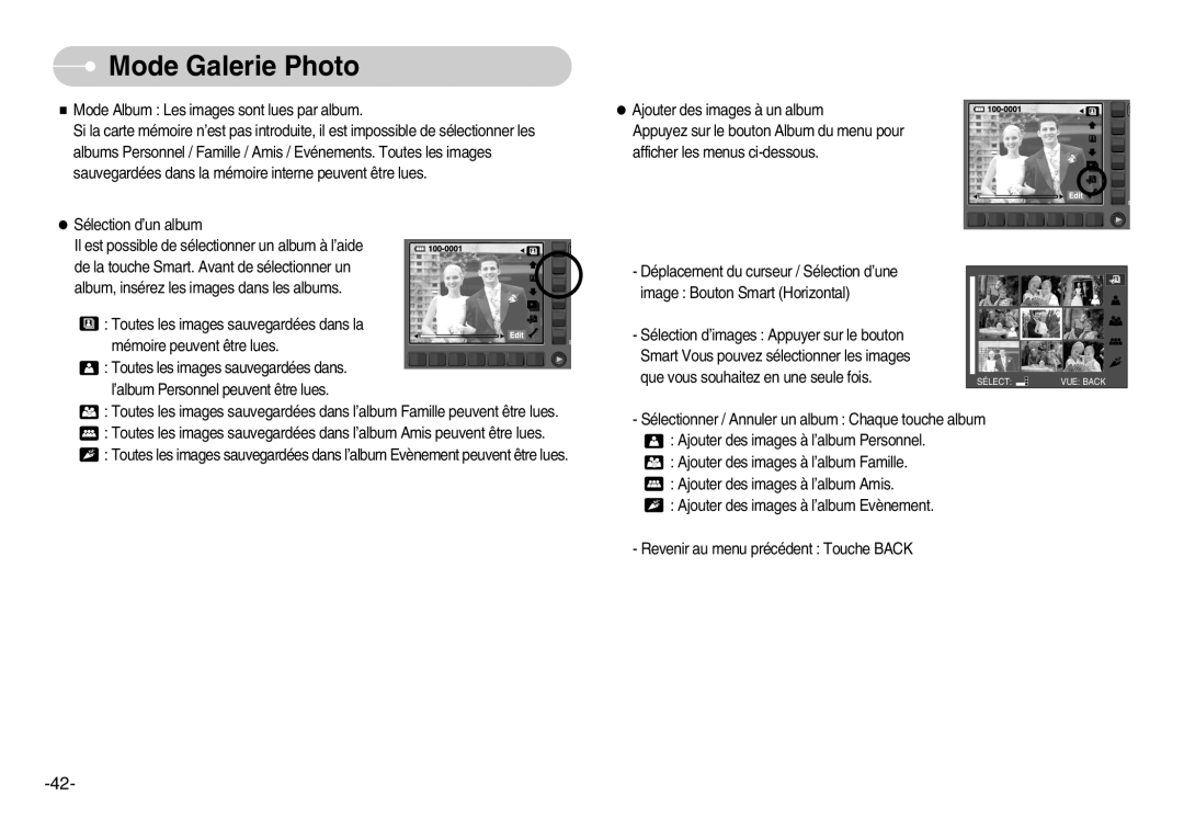 Samsung EC-NV11ZBDA/DE, EC-NV11ZBBA/FR, EC-NV11ZBDA/E3 manual Sélect VUE Back 