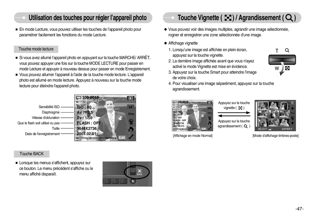 Samsung EC-NV11ZBBA/FR, EC-NV11ZBDA/DE, EC-NV11ZBDA/E3 manual Touche Vignette / Agrandissement 