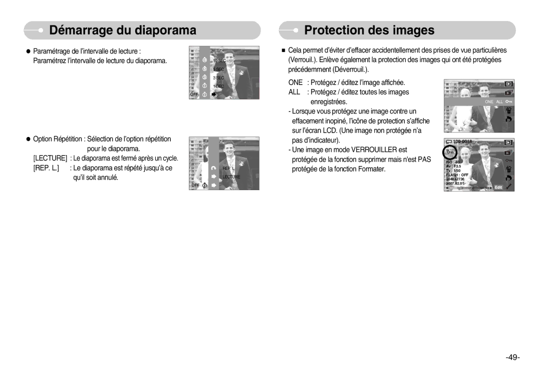 Samsung EC-NV11ZBDA/E3, EC-NV11ZBBA/FR, EC-NV11ZBDA/DE manual Démarrage du diaporama Protection des images 