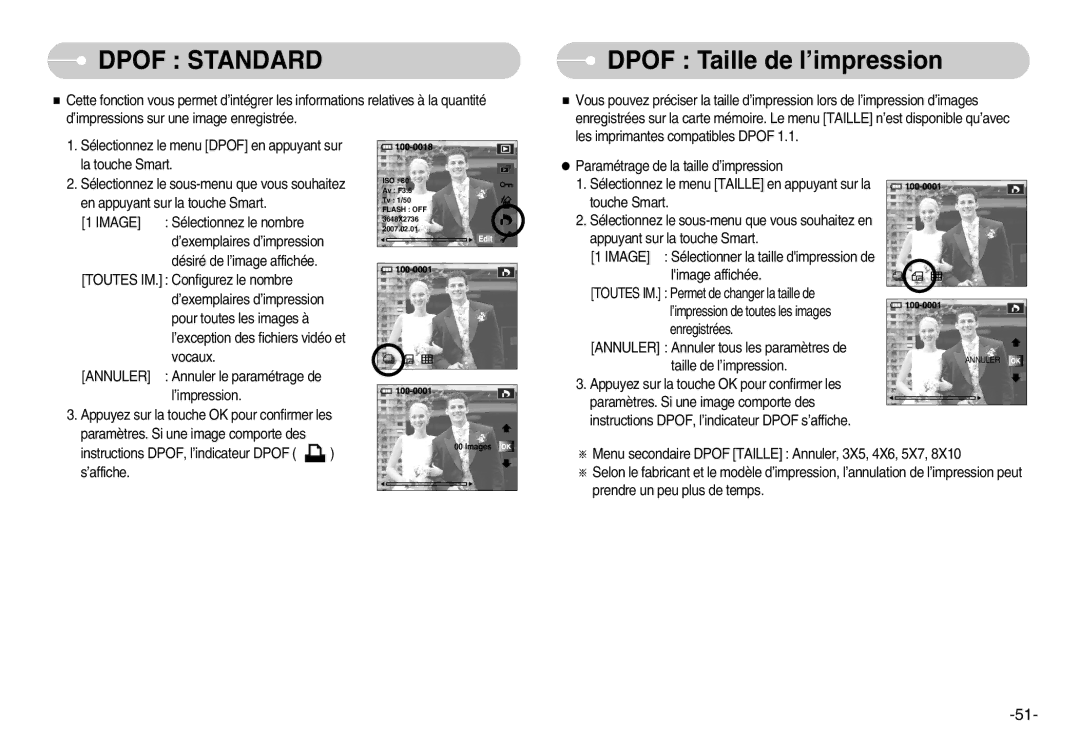 Samsung EC-NV11ZBDA/DE, EC-NV11ZBBA/FR, EC-NV11ZBDA/E3 manual Dpof Taille de l’impression, Image, Annuler 