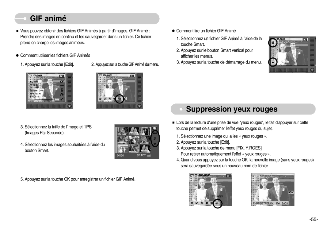 Samsung EC-NV11ZBDA/E3, EC-NV11ZBBA/FR, EC-NV11ZBDA/DE manual GIF animé, Suppression yeux rouges 