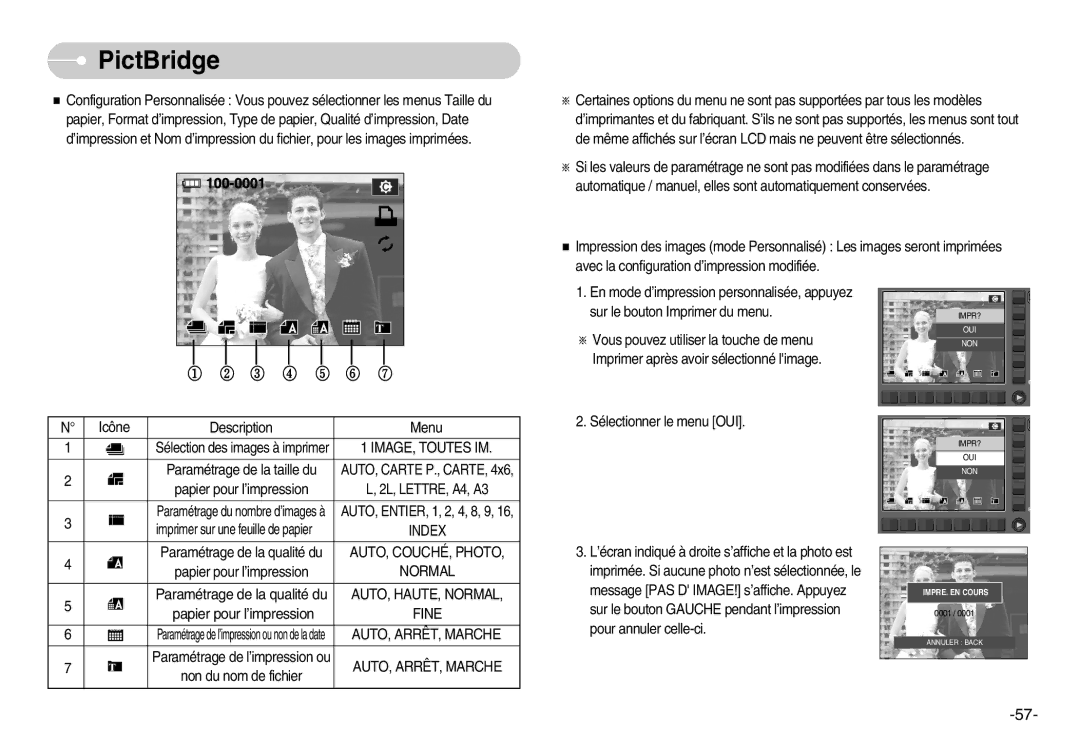 Samsung EC-NV11ZBDA/DE manual IMAGE, Toutes IM, AUTO, COUCHÉ, Photo, AUTO, HAUTE, Normal, Fine, AUTO, ARRÊT, Marche 