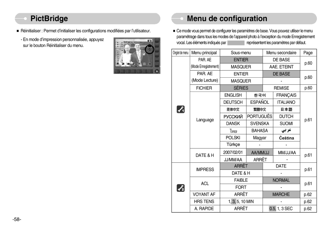 Samsung EC-NV11ZBDA/E3, EC-NV11ZBBA/FR, EC-NV11ZBDA/DE manual Menu de configuration 