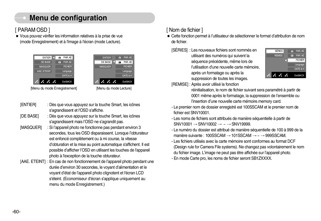 Samsung EC-NV11ZBDA/DE, EC-NV11ZBBA/FR, EC-NV11ZBDA/E3 manual Param OSD, Masquer 