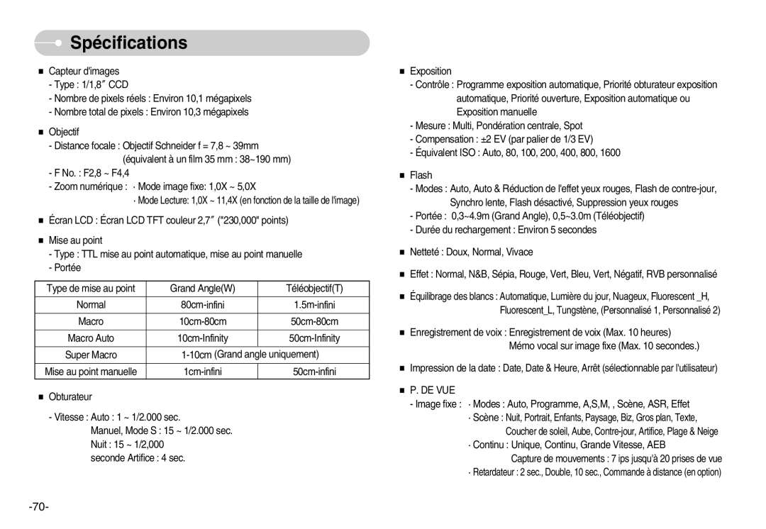 Samsung EC-NV11ZBDA/E3, EC-NV11ZBBA/FR, EC-NV11ZBDA/DE manual Spécifications, De Vue 