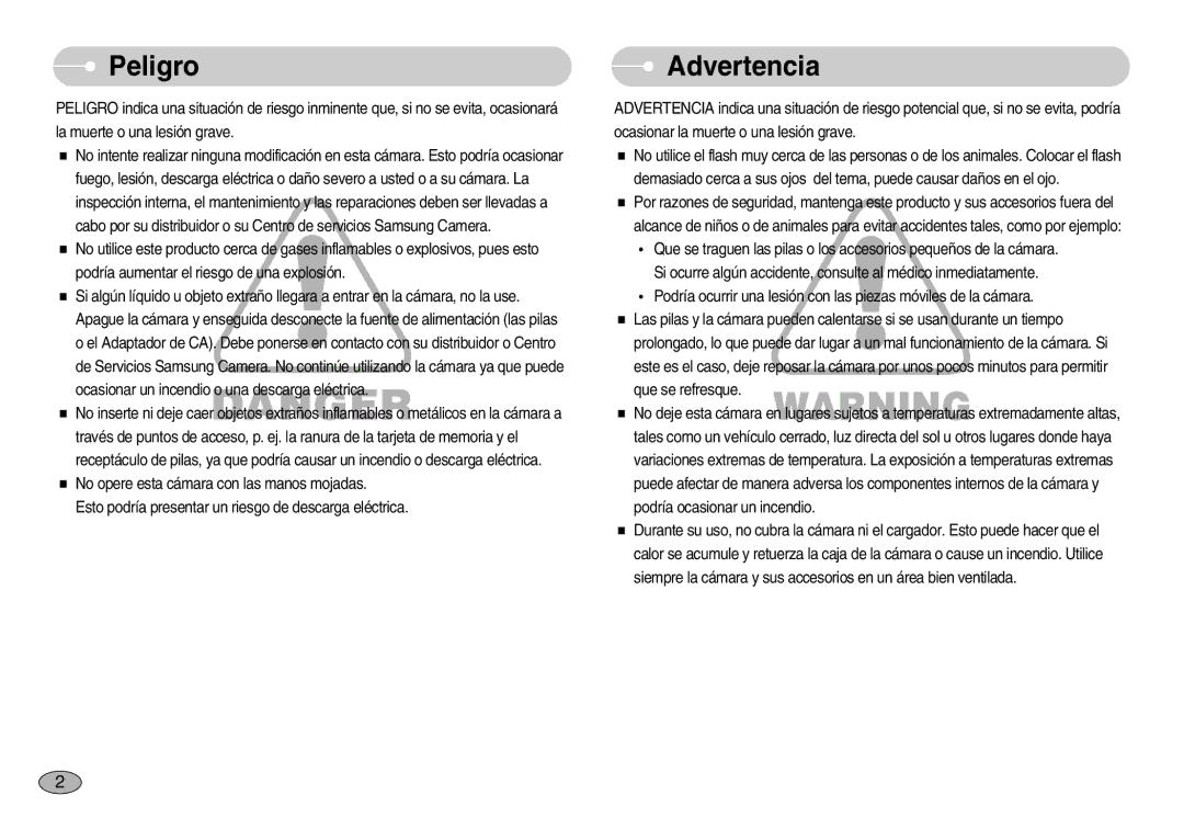 Samsung EC-NV11ZBBB/E1, EC-NV11ZBDA/DE, EC-NV11ZBBA/IT, EC-NV11ZBBC/E1 manual Peligro, Advertencia 