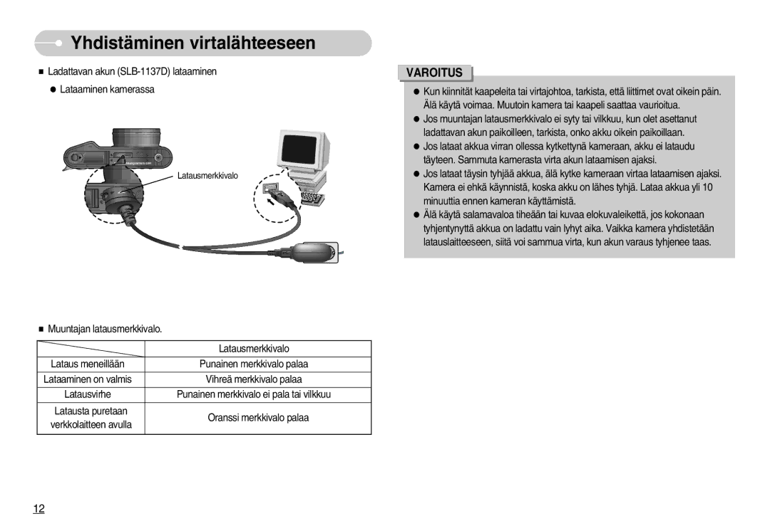 Samsung EC-NV11ZBBC/E2, EC-NV11ZBDA/DE, EC-NV11ZBBB/E2 manual Ladattavan akun SLB-1137D lataaminen Lataaminen kamerassa 