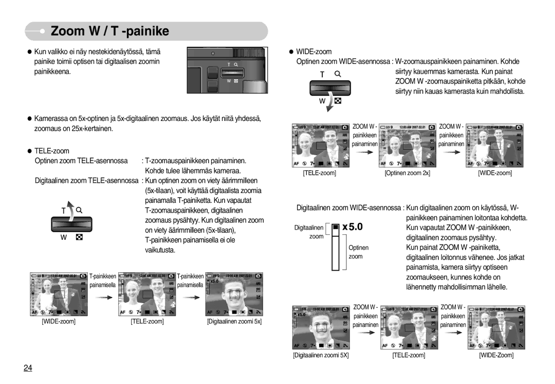 Samsung EC-NV11ZBBC/E2, EC-NV11ZBDA/DE, EC-NV11ZBBB/E2 manual Zoom W / T -painike 