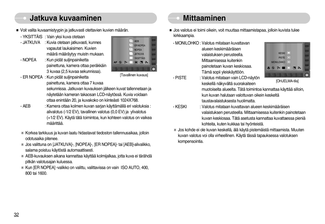 Samsung EC-NV11ZBDA/DE, EC-NV11ZBBC/E2, EC-NV11ZBBB/E2 manual Jatkuva kuvaaminen, Mittaaminen, Aeb 