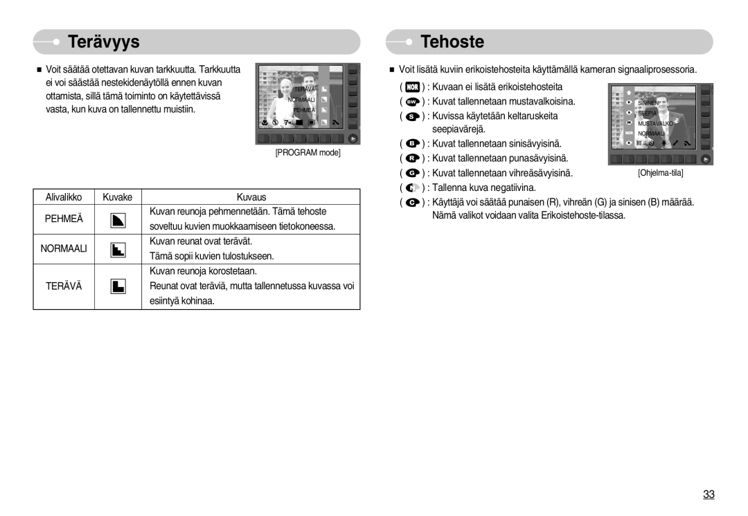 Samsung EC-NV11ZBBC/E2, EC-NV11ZBDA/DE, EC-NV11ZBBB/E2 manual Terävyys, Tehoste, Pehmeä, Terävä 